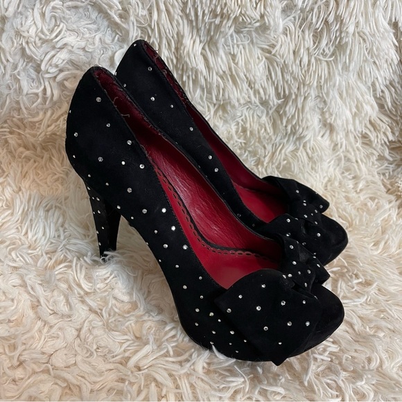 TARA SUBKOFF BEBE Swarovski Crystal Bow Platform Peep opentoe heel black suede 8 - Picture 1 of 12